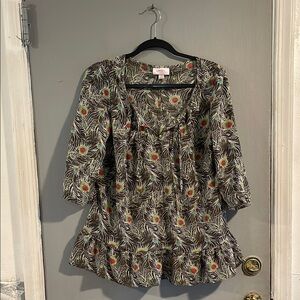 Liberty of London‎ Shirt Women’s M Peacock Feather Peplum 3/4 Sleeve Ruffle Top